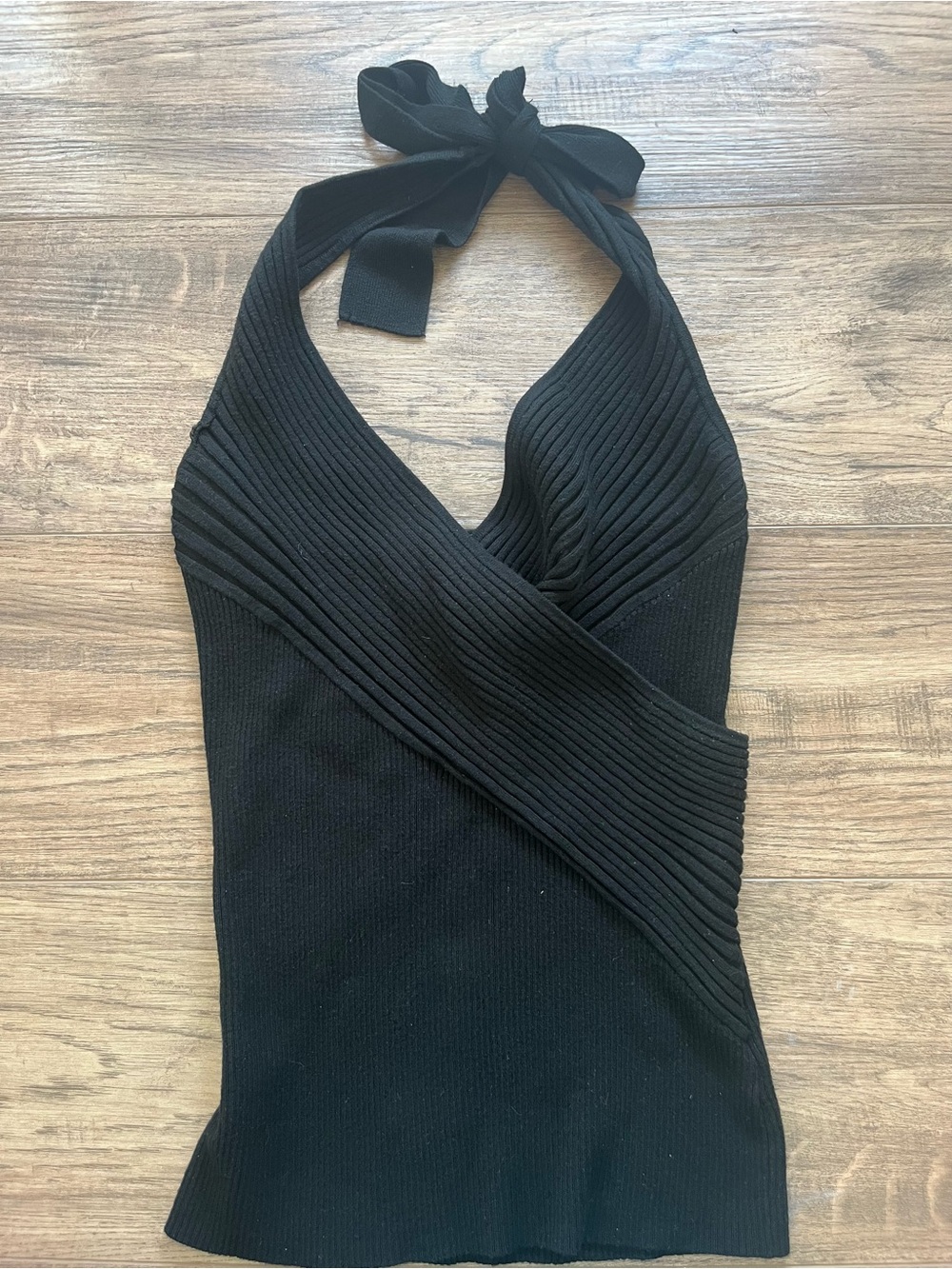 White House Black Market Black Ribbed Halter Tie Top